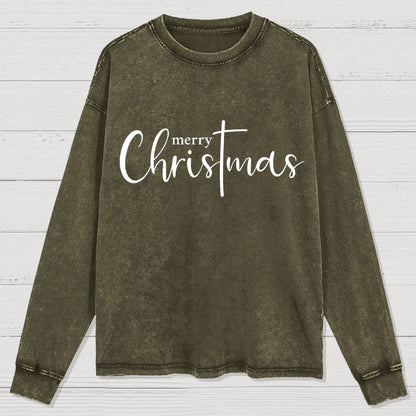 Merry Christmas .Christmas Cross Washed Long Sleeve Tee